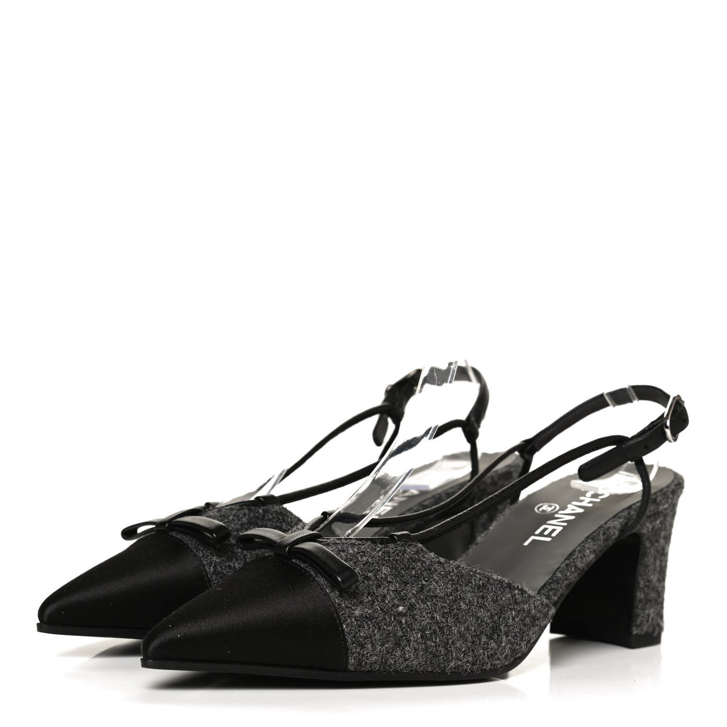 Tweed Satin Slingback Cap Toe Bow Pumps 39.5 Grey Black