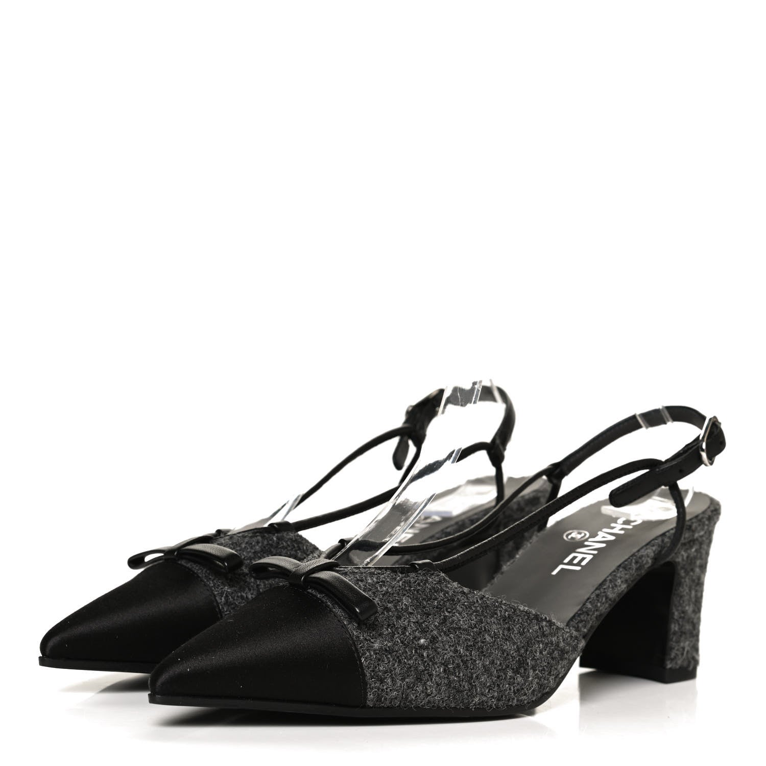 Chanel Tweed Satin Slingback Cap Toe Bow Pumps 39.5 Grey Black 3 of 11