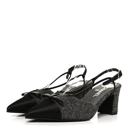 Chanel Tweed Satin Slingback Cap Toe Bow Pumps 39.5 Grey Black 3 of 11