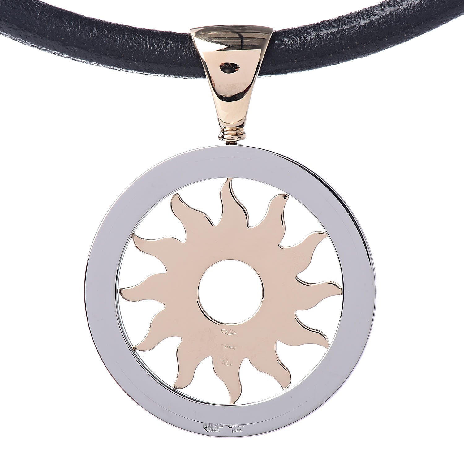 Bulgari 18K Yellow Gold Stainless Steel Calfskin Tondo Sun Pendant Necklace Black 5 of 6
