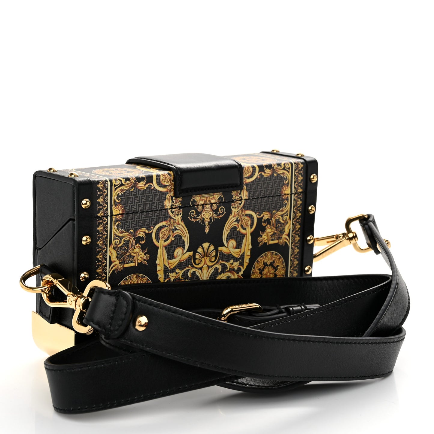 X VERSACE Vitello Cover Fendace Mini FF Baroque Brooch Studded Mini Baguette Trunk Black Gold