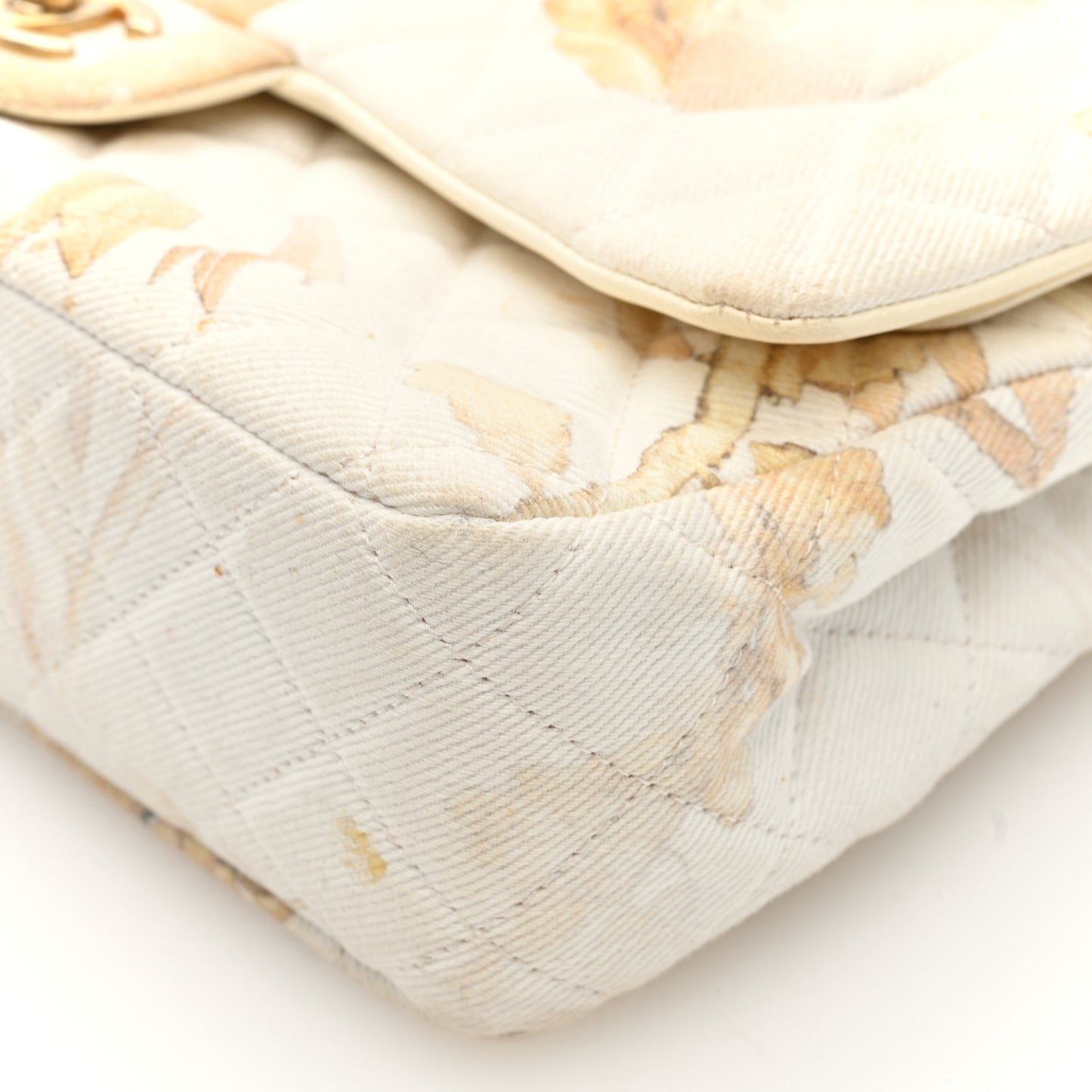 Denim Floral Printed Medium Double Flap Beige