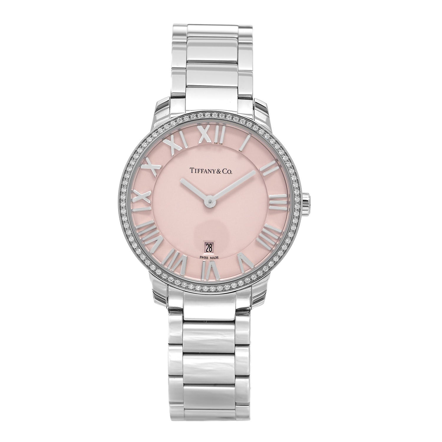 Tiffany Stainless Steel Diamond Bezel 31mm Atlas 2-Hand Quartz Watch Pink 1 of 5