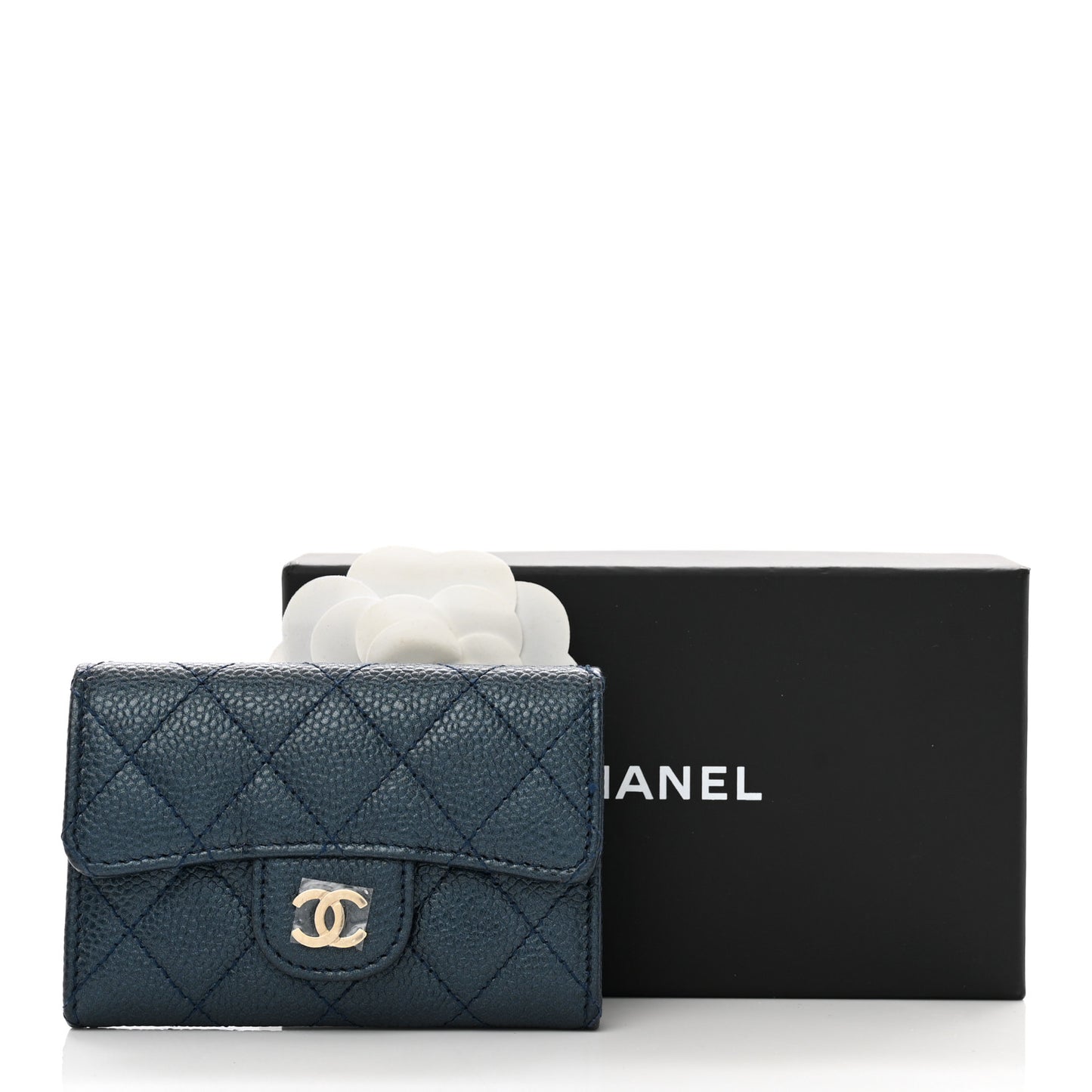 Metallic Caviar Quilted Flap Card Holder Wallet Dark Blue