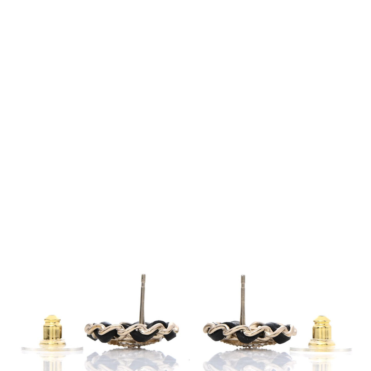 Crystal Lambskin Chain CC Stud Earrings Black Gold