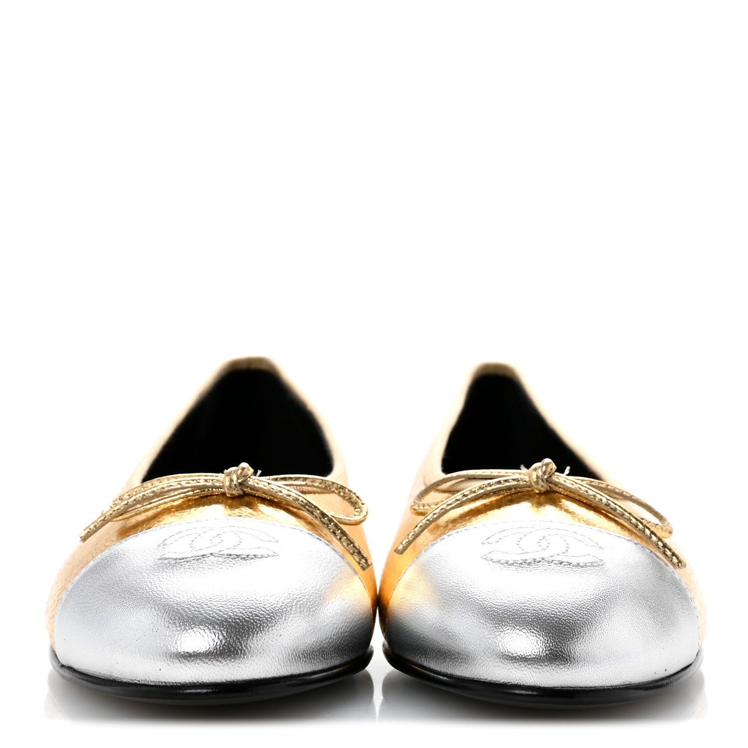 Chanel Metallic Crackled Laminated Calfskin CC Cap Toe Ballerina Flats 38.5 Gold Silver 3 of 10