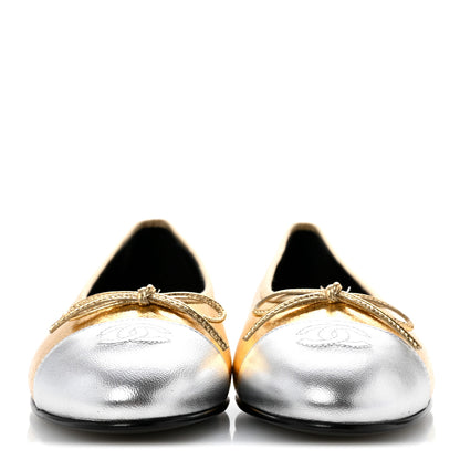 Chanel Metallic Crackled Laminated Calfskin CC Cap Toe Ballerina Flats 38.5 Gold Silver 3 of 10