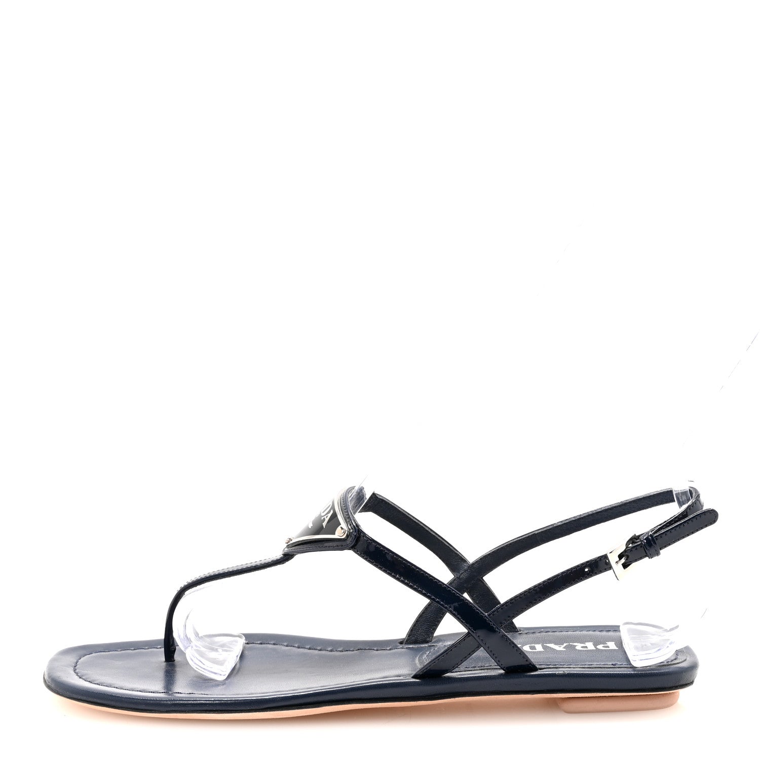 Prada Vernice Metal Triangle Logo Slingback Flat Thong Sandals 38 Navy 1 of 8