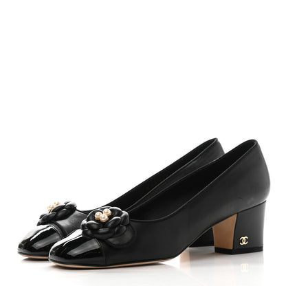 Chanel Lambskin Patent Calfskin Pearl Camellia Cap Toe Pumps 38.5 Black 3 of 16