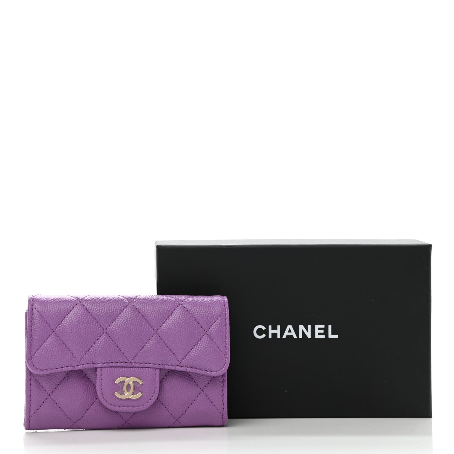 Caviar Quilted Flap Card Holder Wallet Purple