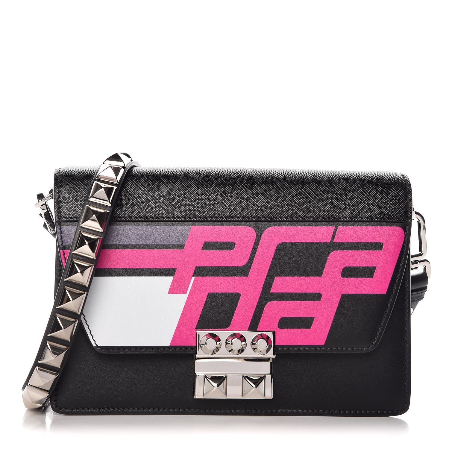 Prada City Calfskin Saffiano Racing Logo Elektra Shoulder Bag Fuxia Black 1 of 7
