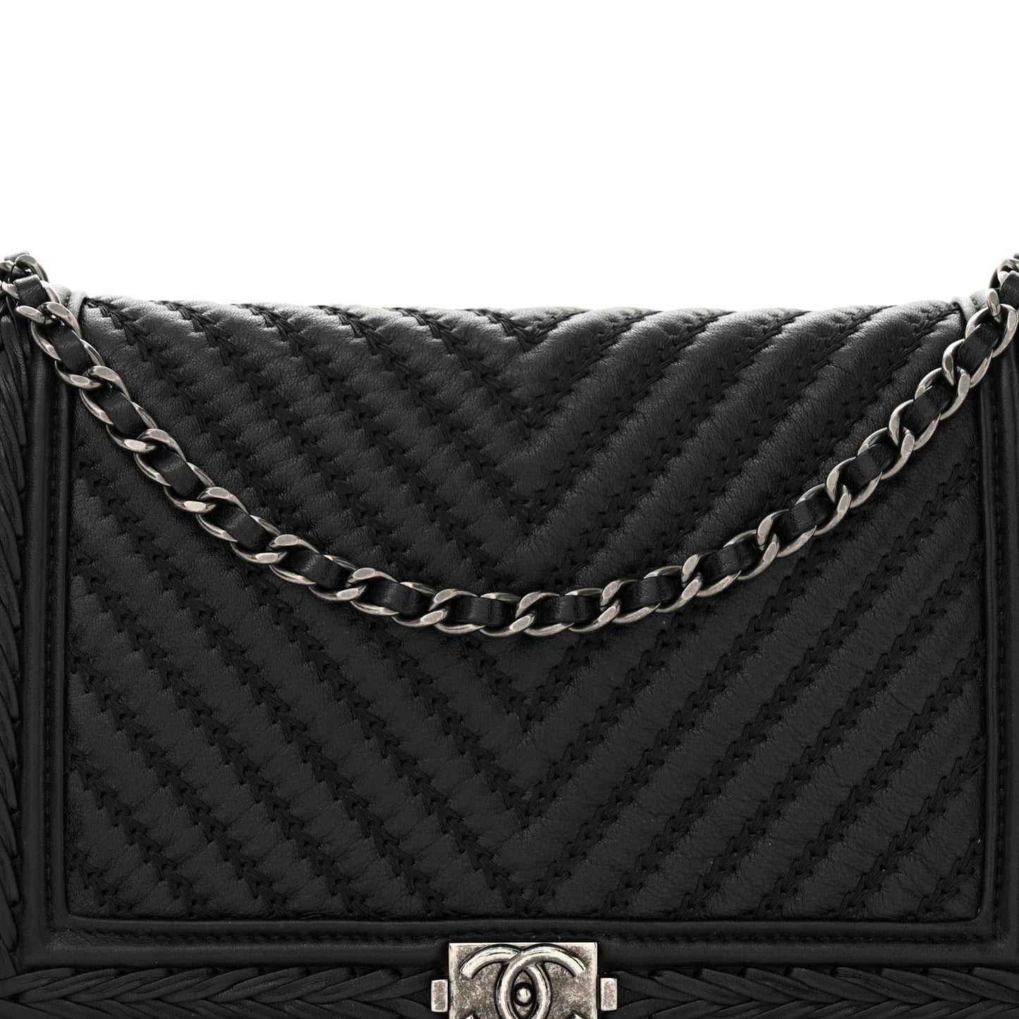Calfskin Chevron Quilted Braided Boy Wallet On Chain WOC Black