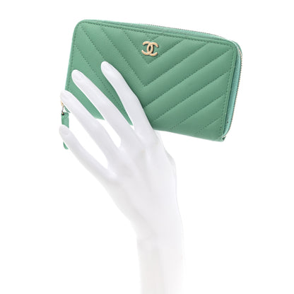 Chanel Caviar Chevron Quilted Small Zip Around Wallet Green 2 of 10