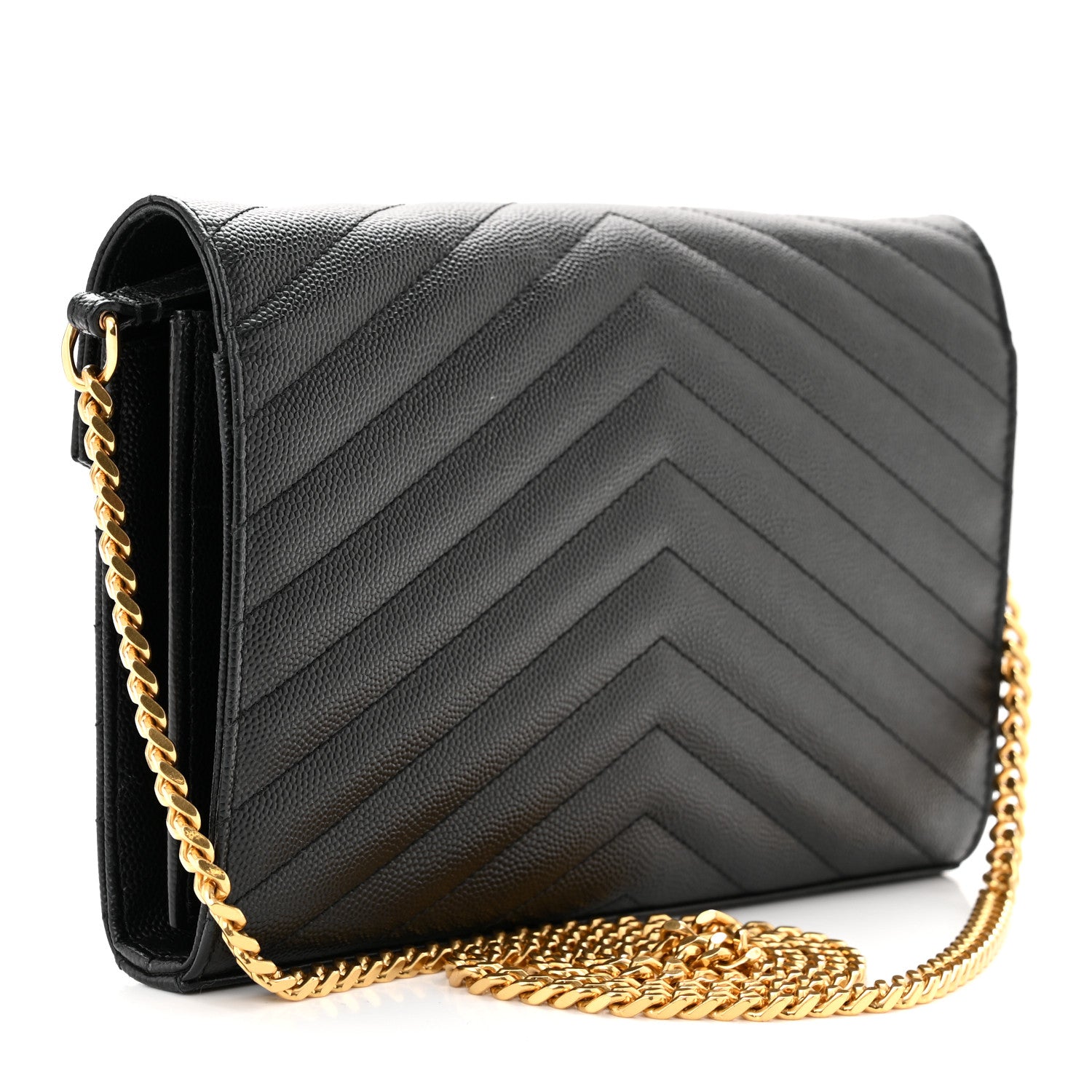 Saint Laurent Grain De Poudre Matelasse Chevron Monogram Chain Wallet Black 3 of 11