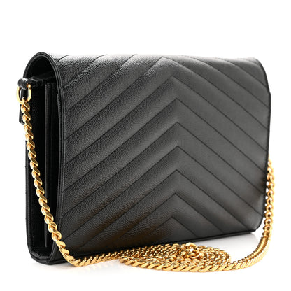 Saint Laurent Grain De Poudre Matelasse Chevron Monogram Chain Wallet Black 3 of 11