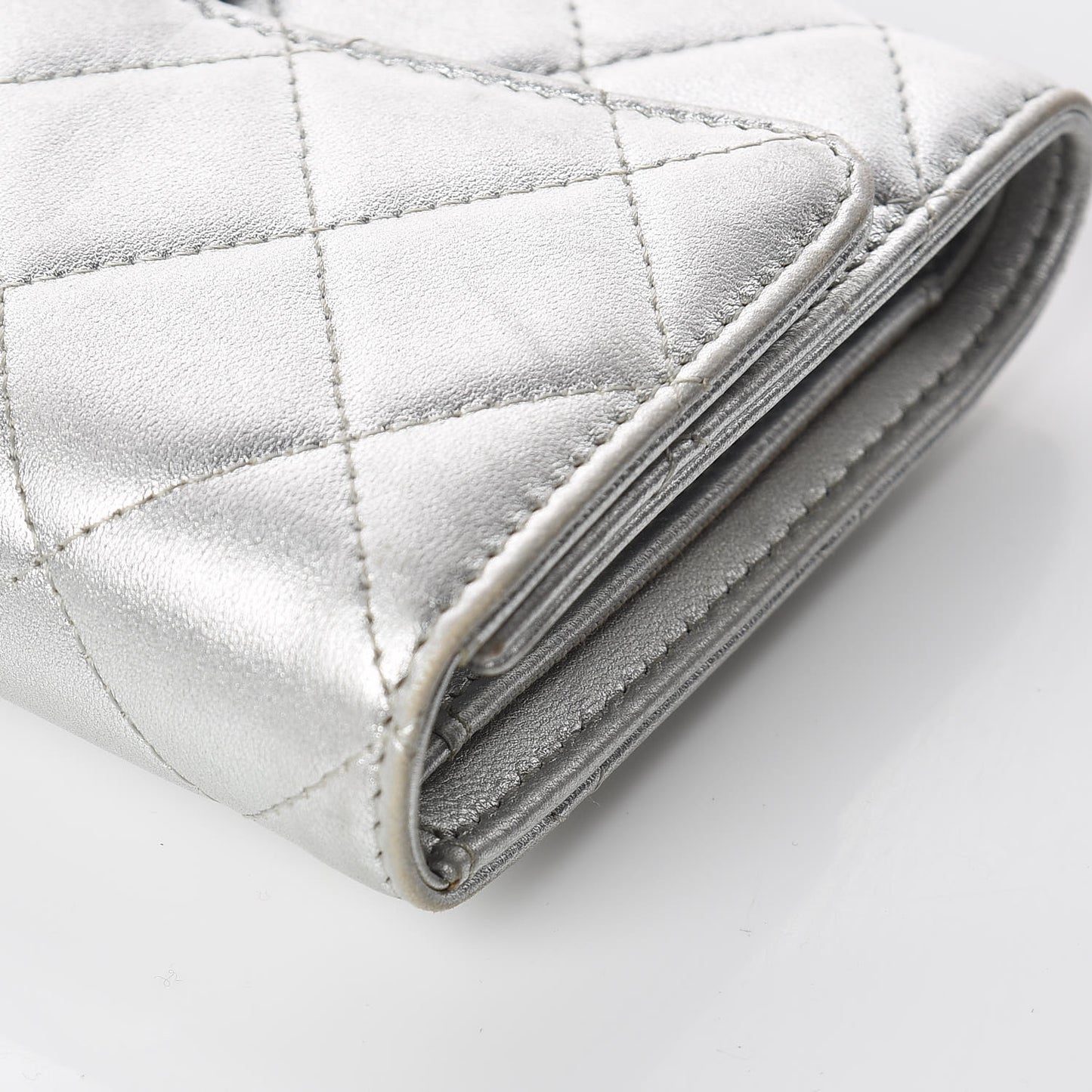Metallic Lambskin Quilted Long Flap Wallet Silver