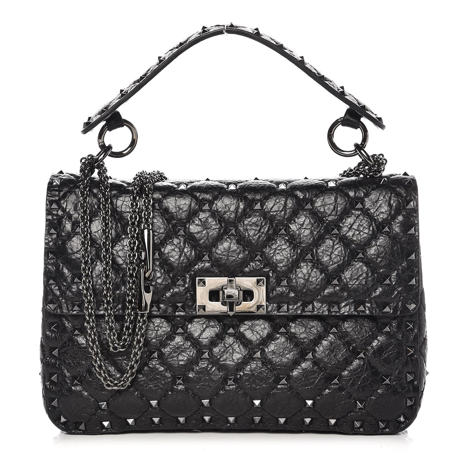Craquele Nappa Medium Rockstud Spike Shoulder Bag Black