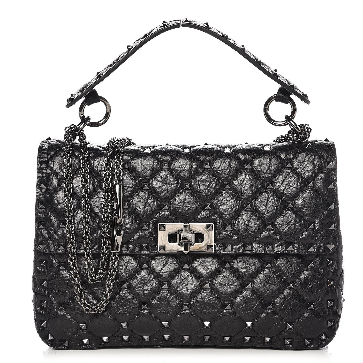 Valentino Garavani Craquele Nappa Medium Rockstud Spike Shoulder Bag Black 1 of 6