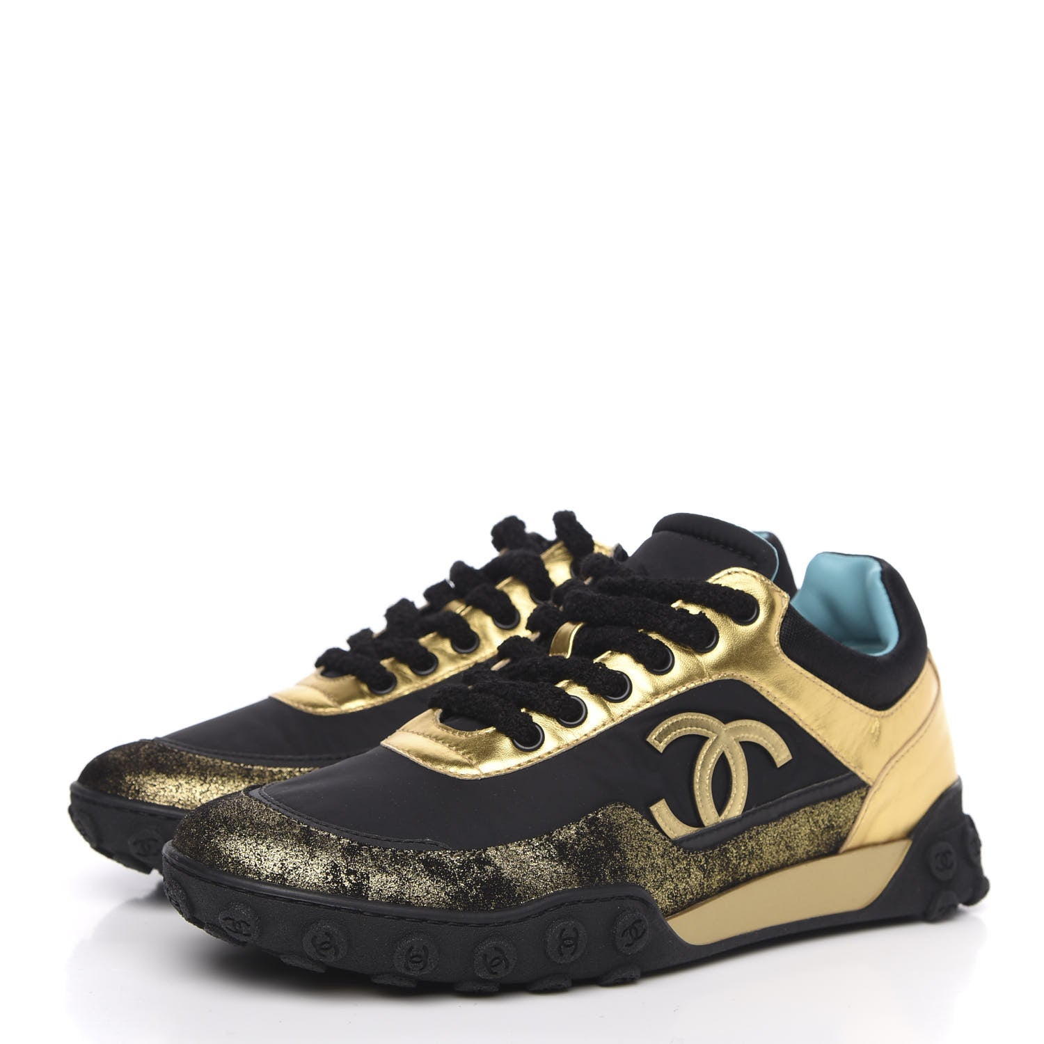 Chanel Metallic Lambskin Satin Finish Womens CC Sneakers 39 Black Gold 3 of 8