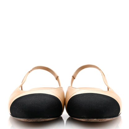 Chanel Goatskin Grosgrain Cap Toe CC Slingback Sandals 37.5 Beige Black 3 of 11