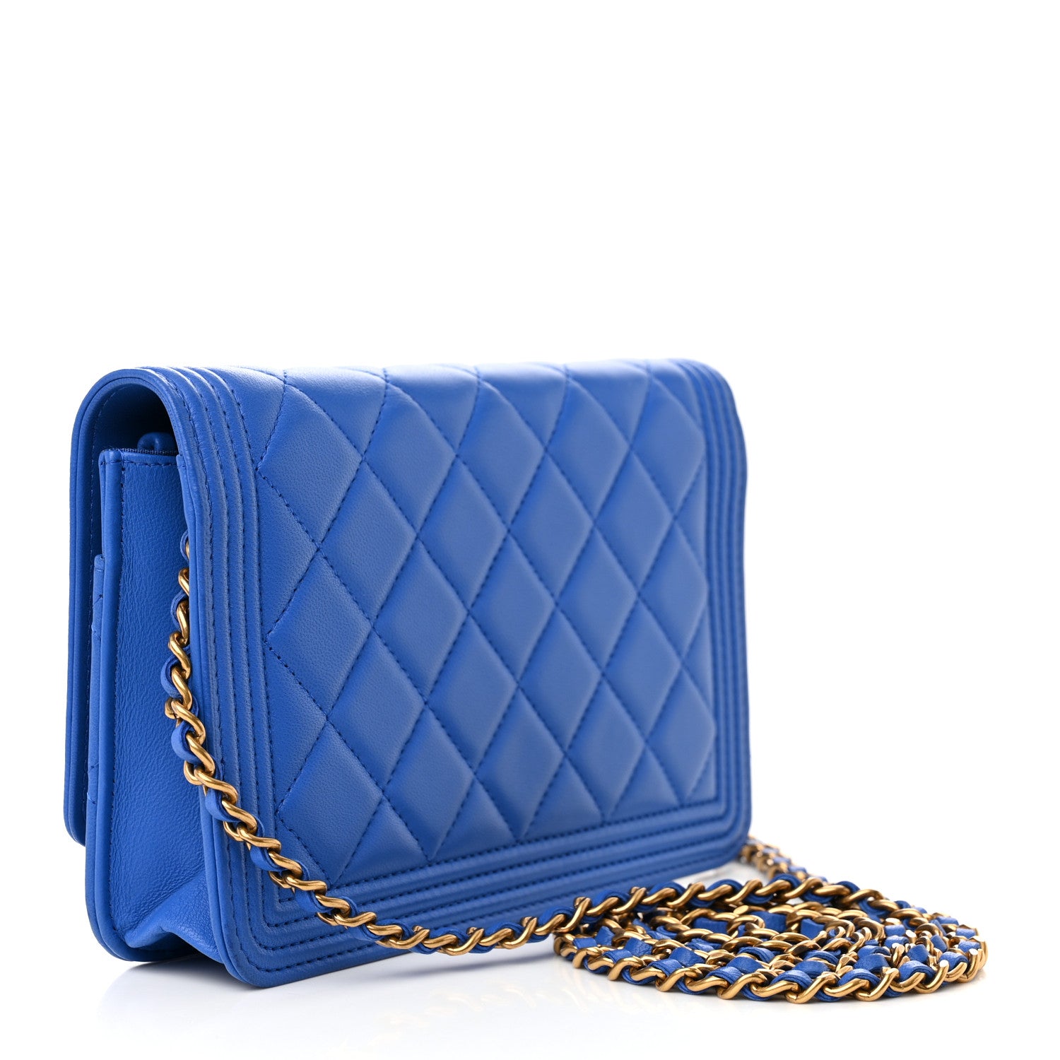 Chanel Lambskin Quilted Boy Wallet On Chain WOC Blue 3 of 15