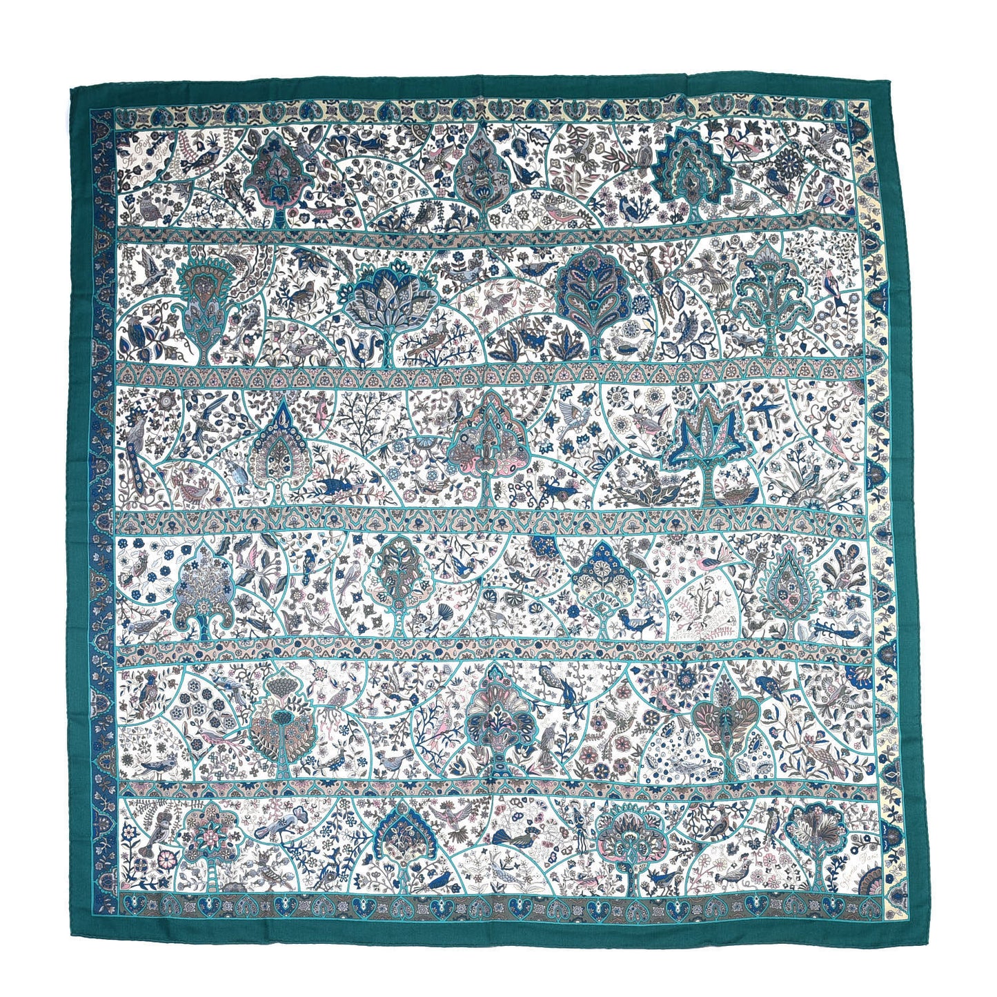 Cashmere Silk Au Pays Des Oiseaux Fleurs Shawl 140 Vert White Turquoise