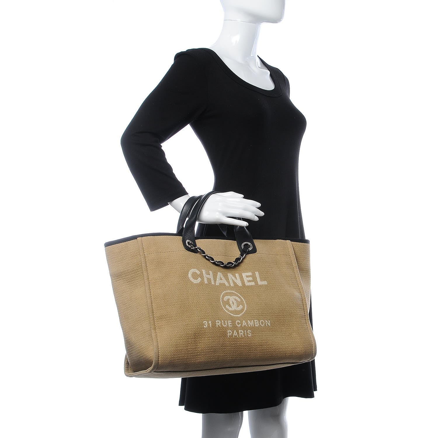 Chanel Canvas Large Deauville Tote Beige Black 3 of 11