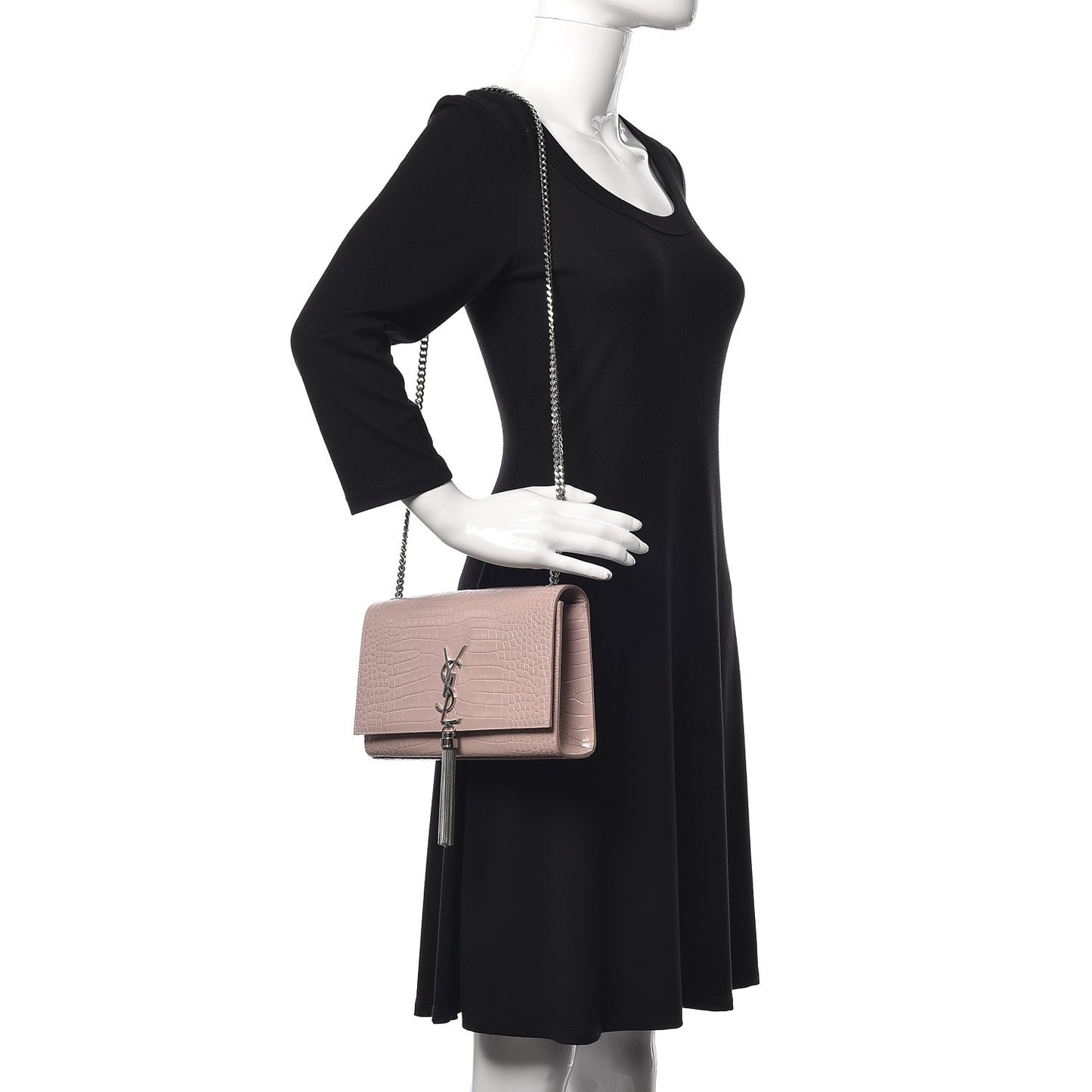 Calfskin Crocodile Embossed Medium Classic Monogram Kate Tassel Satchel Powder Pink