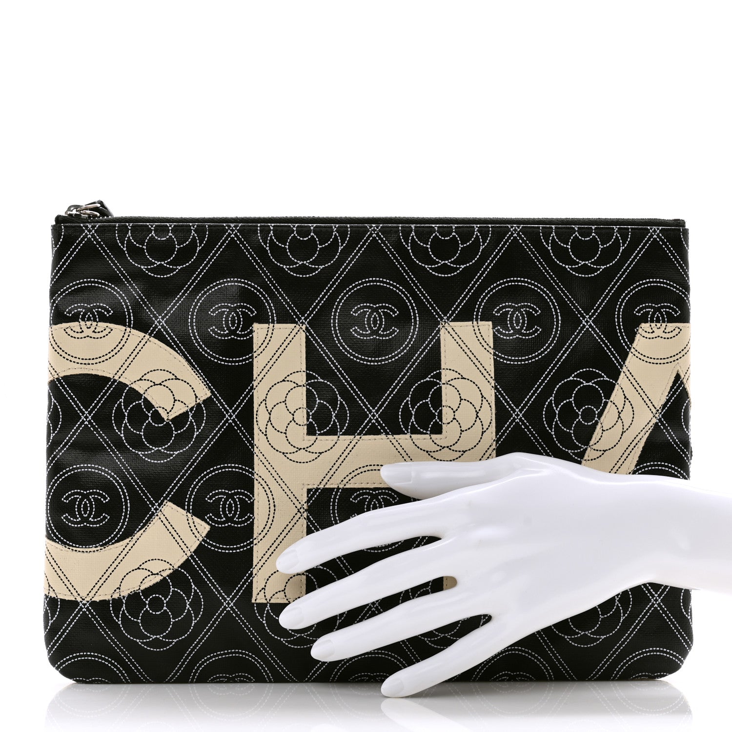 Chanel Coated Canvas Calfskin Camellia Printed Pouch Black Beige 2 of 9