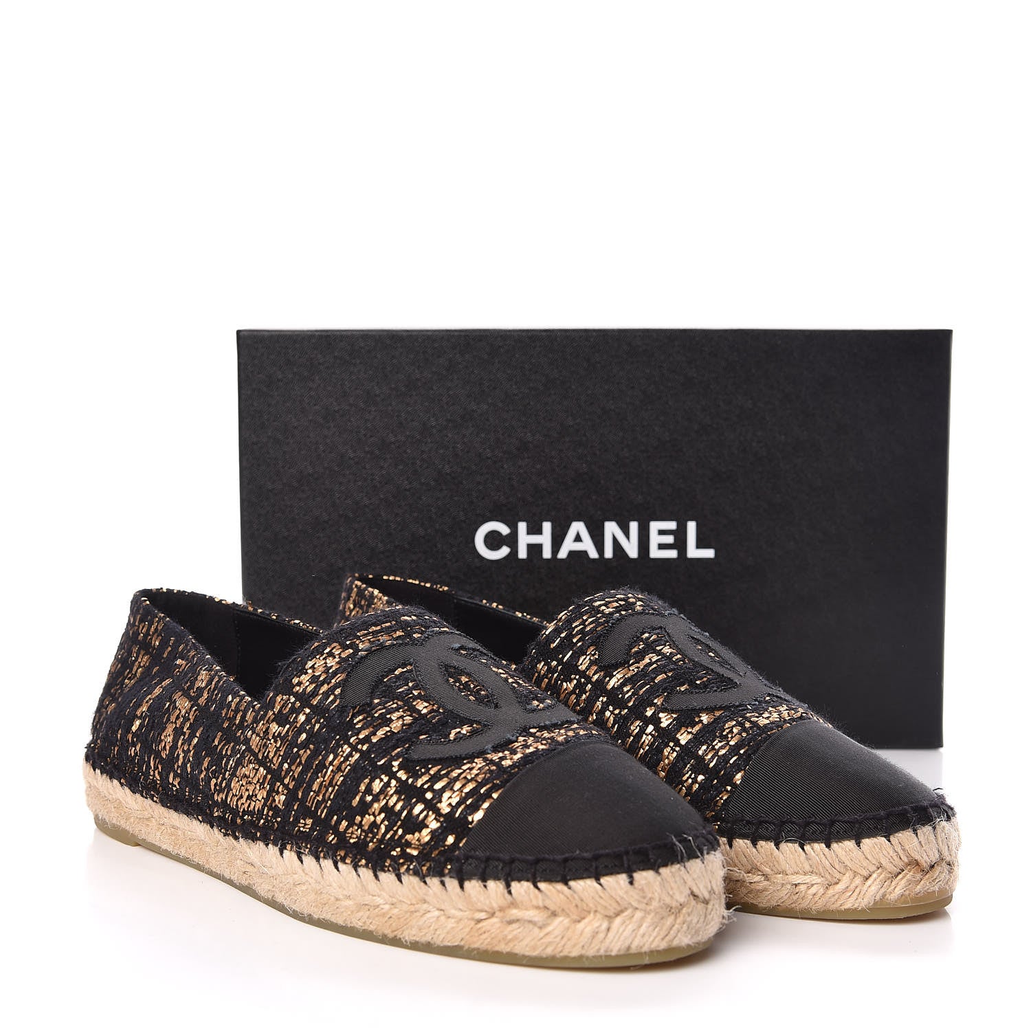 Chanel Metallic Tweed Grosgrain CC Espadrilles 39 Black Gold 11 of 11