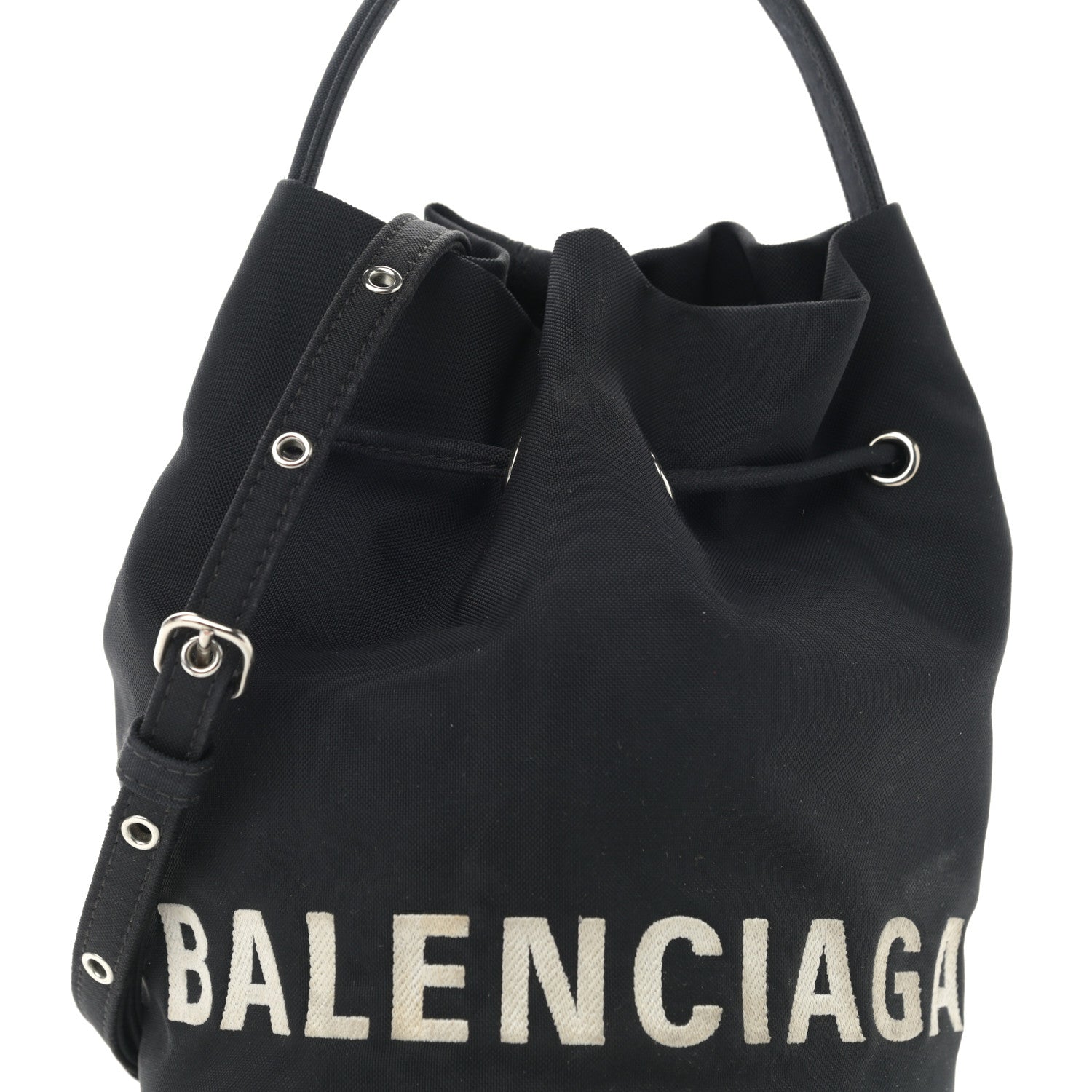 Balenciaga Recycled Sport Nylon Logo Embroidered Wheel Drawstring Bucket Bag XS Black 10 of 12