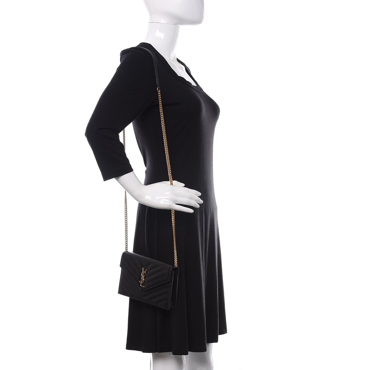 Saint Laurent Grain De Poudre Matelasse Chevron Monogram Envelope Chain Wallet Black 2 of 11