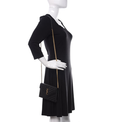 Saint Laurent Grain De Poudre Matelasse Chevron Monogram Envelope Chain Wallet Black 2 of 11