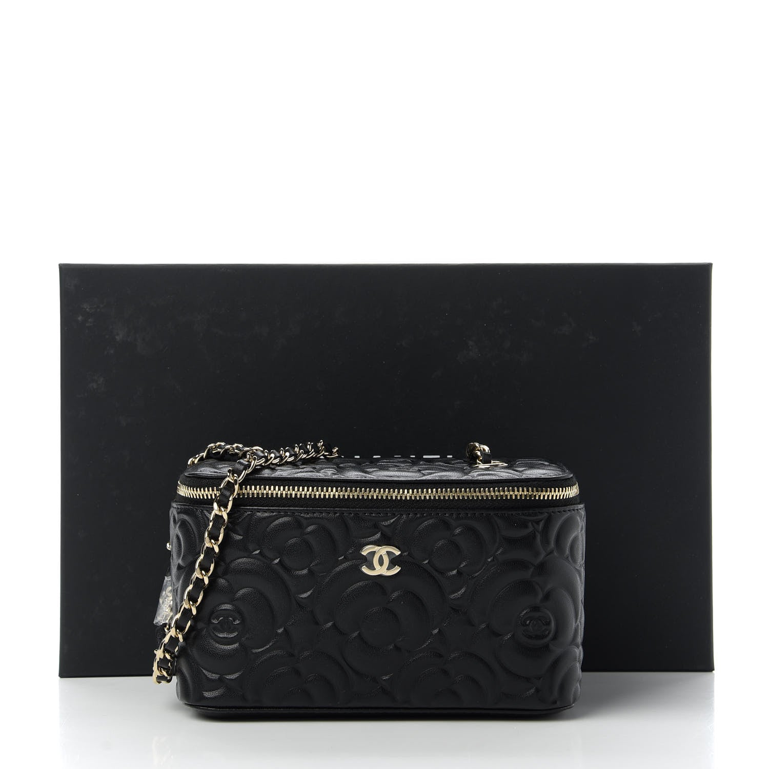 Chanel Lambskin Camellia Embossed Small Vanity Case With Chain Black 11 of 11