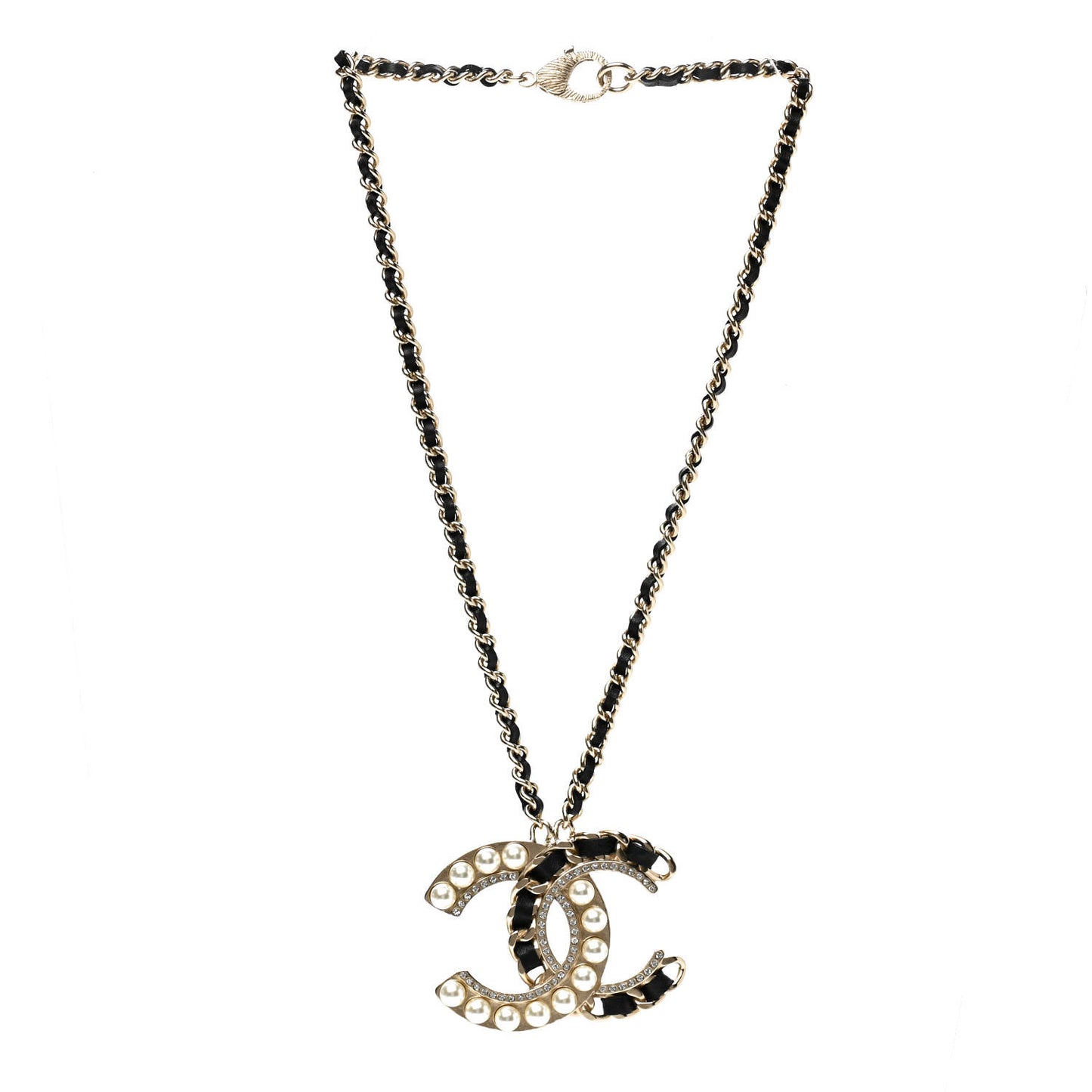 Pearl Crystal Lambskin Chain CC Necklace Black Gold