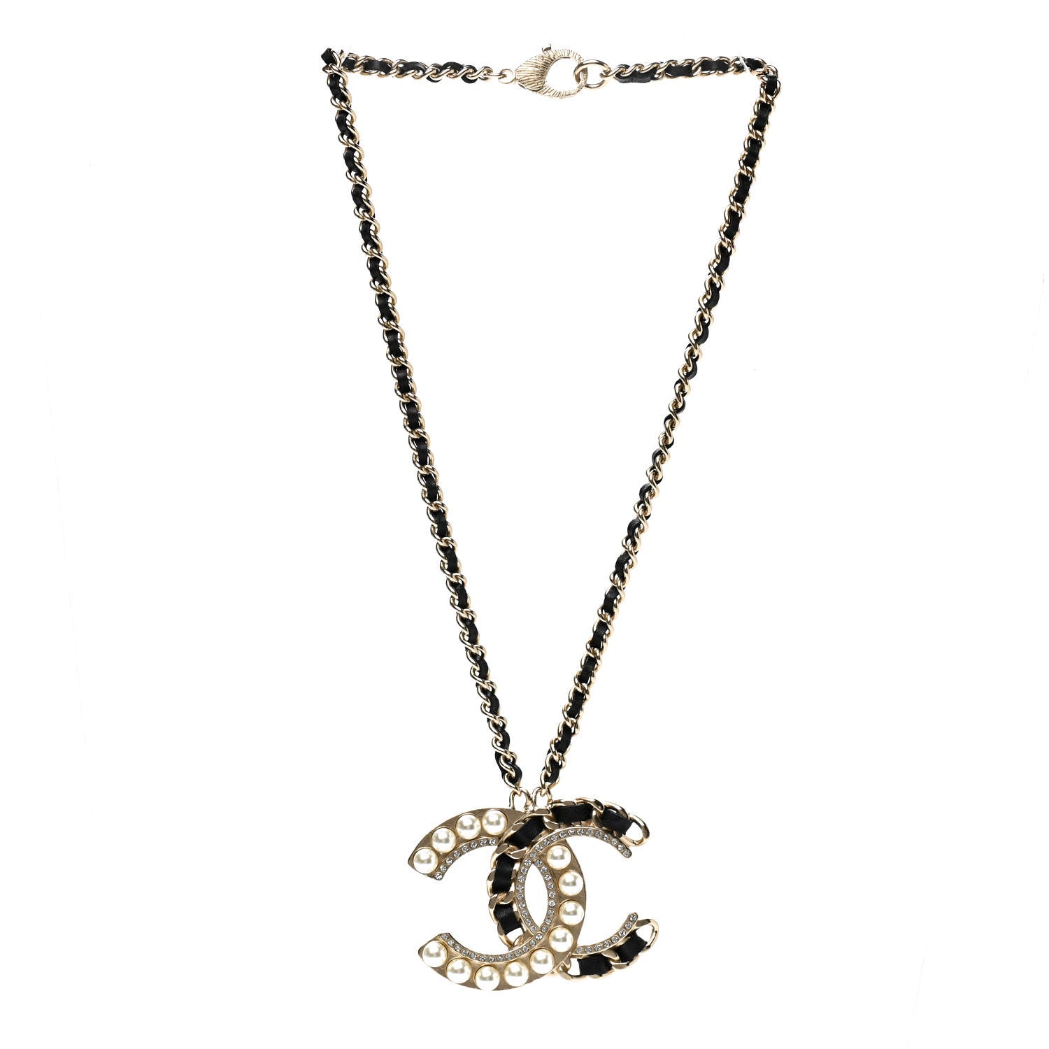 Chanel Pearl Crystal Lambskin Chain CC Necklace Black Gold 3 of 5