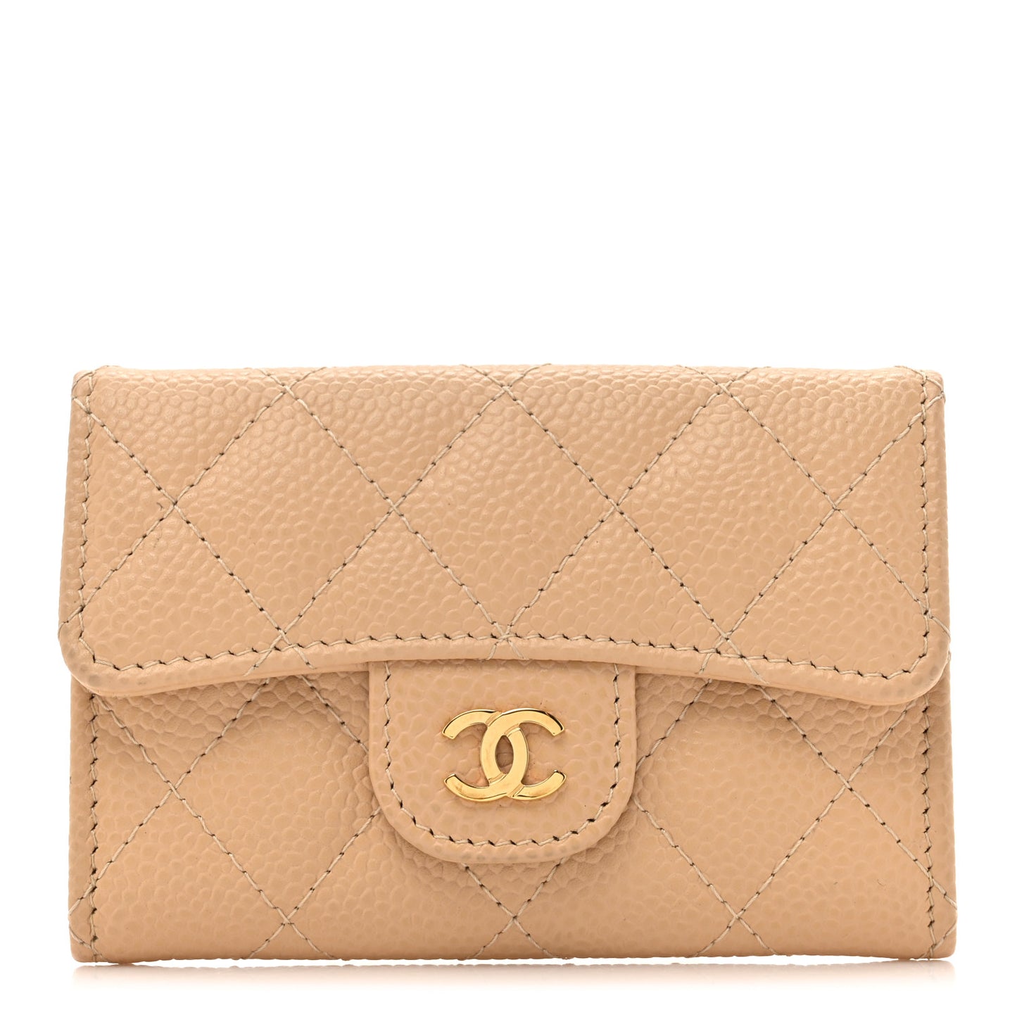 Caviar Quilted Flap Card Holder Wallet Beige