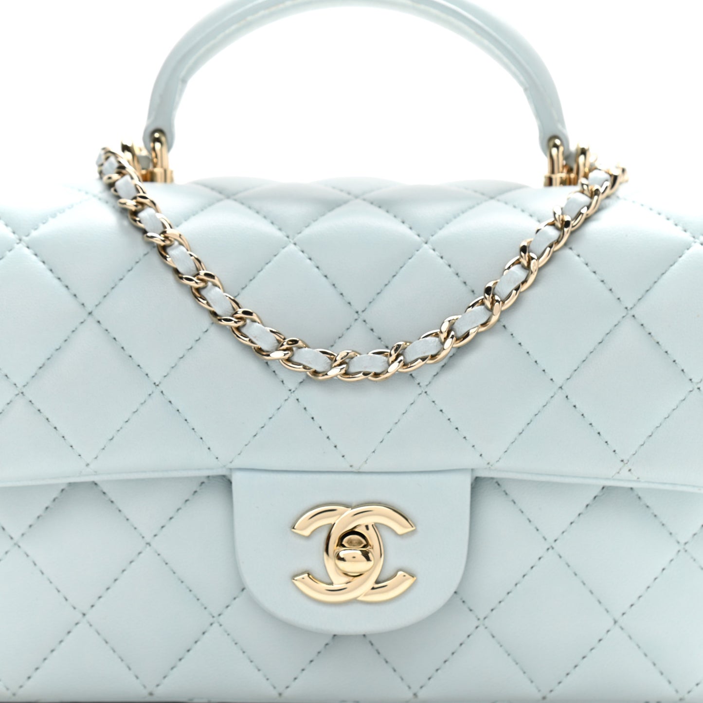 Lambskin Quilted Mini Top Handle Rectangular Flap Light Blue