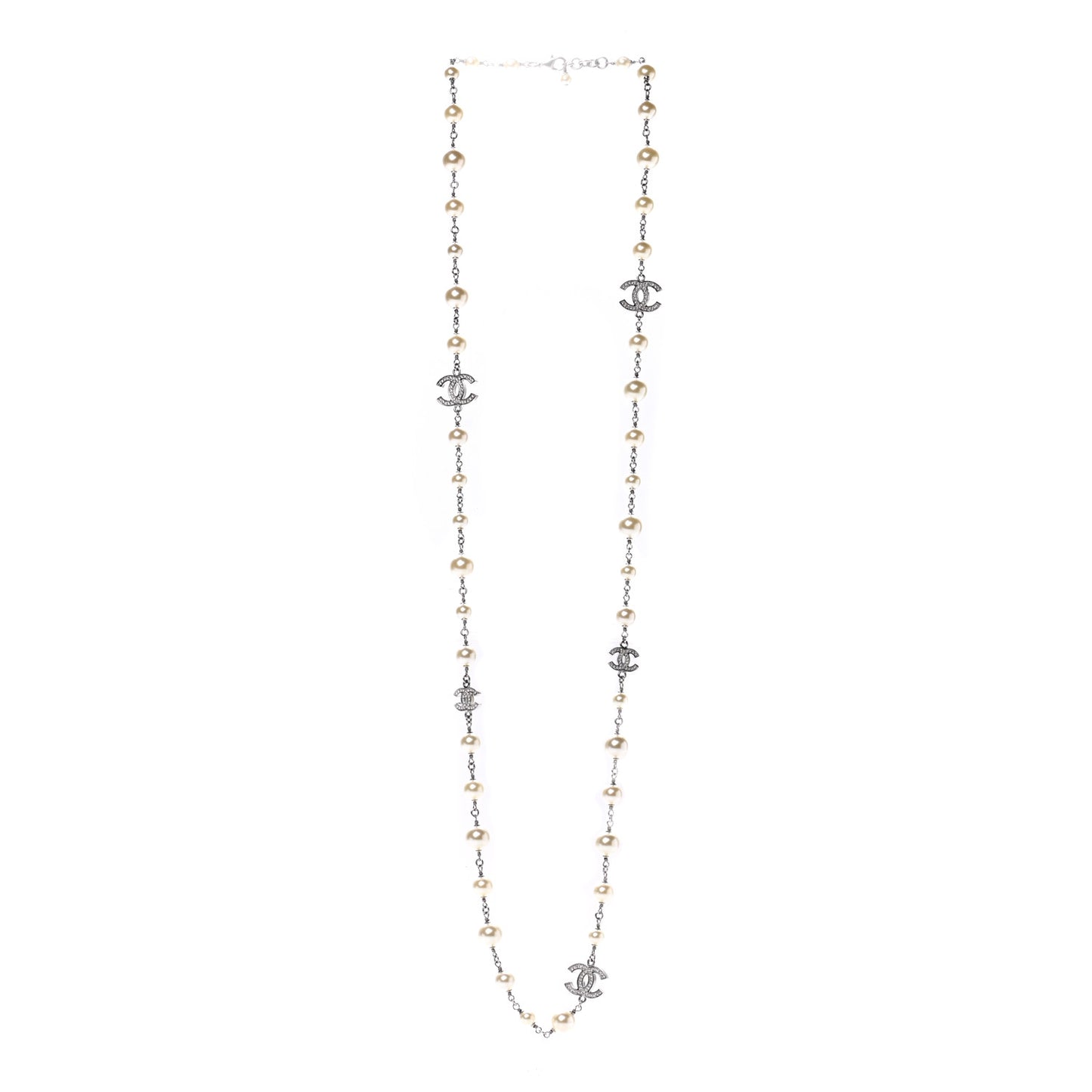 Graduated Pearl Crystal CC Long Necklace Silver