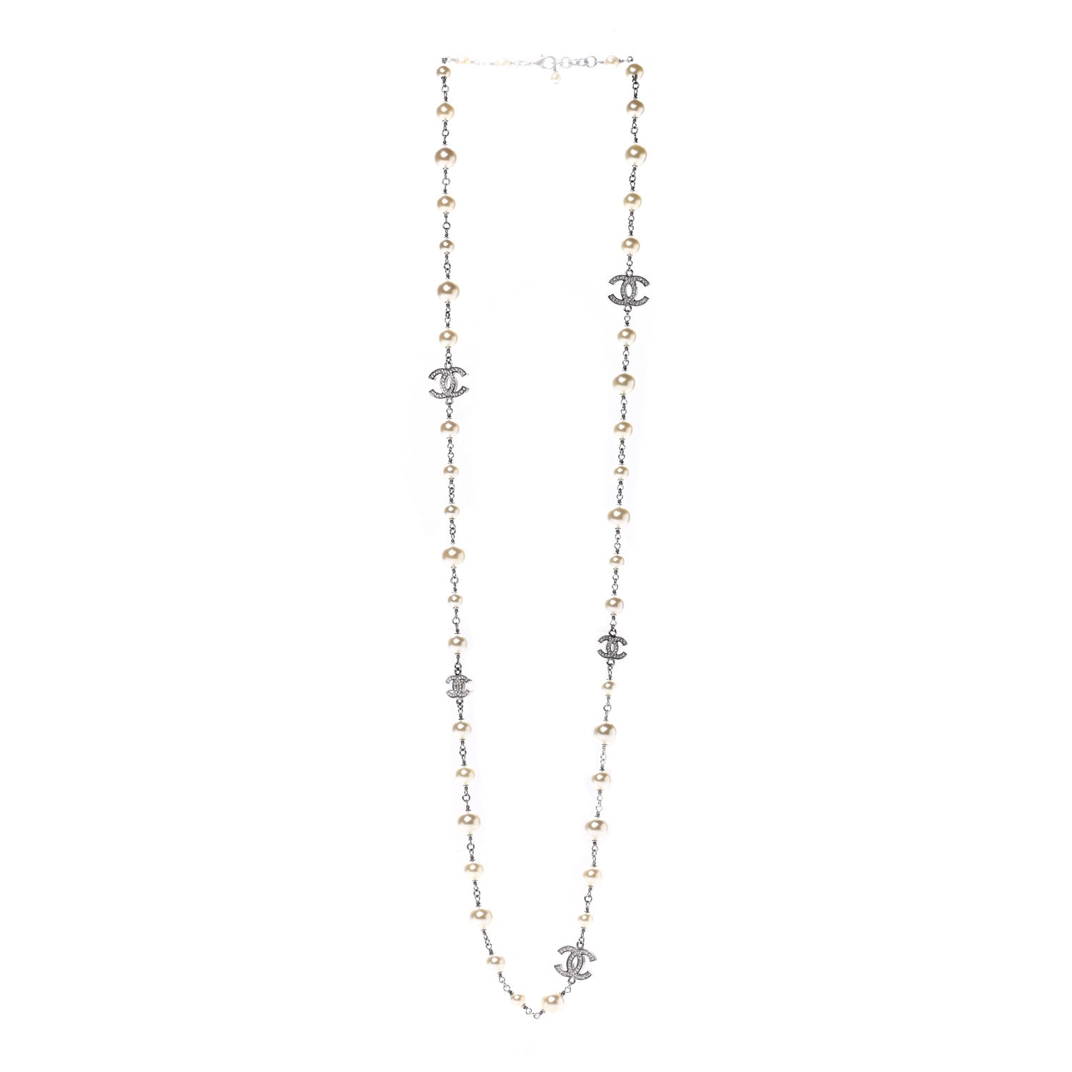 Chanel Graduated Pearl Crystal CC Long Necklace Silver 3 of 7