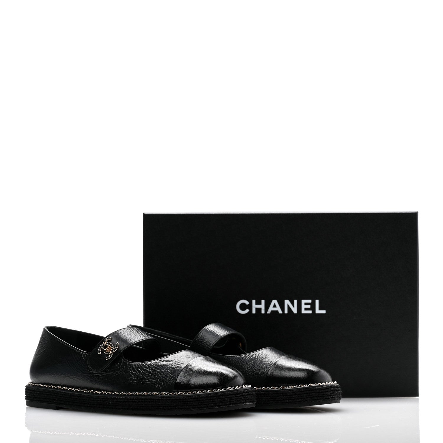 Chanel Crumpled Lambskin Cap Toe Chain CC Turnlock Mary Jane Flats 39 Black 9 of 9