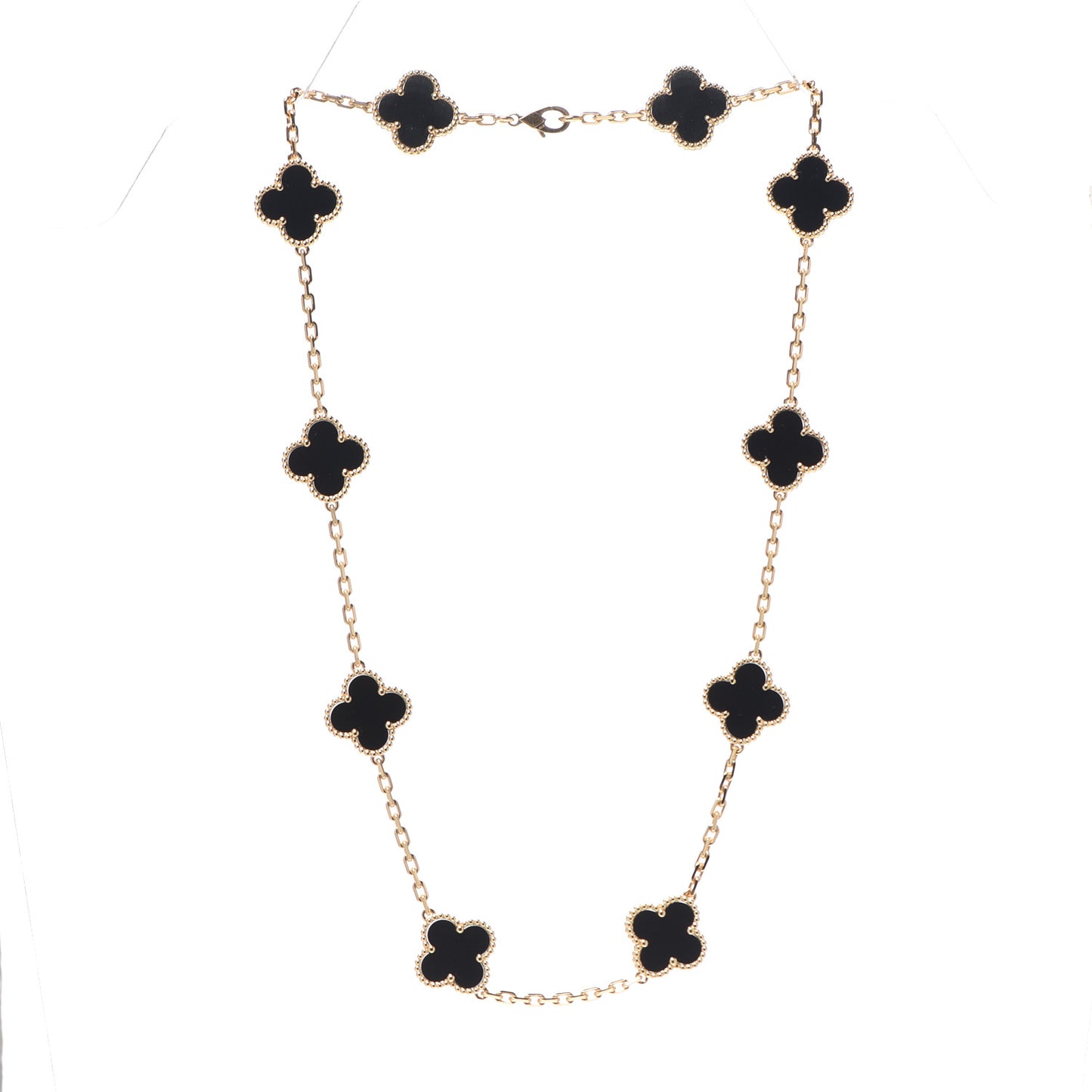 18K Yellow Gold Black Onyx 10 Motifs Vintage Alhambra Necklace