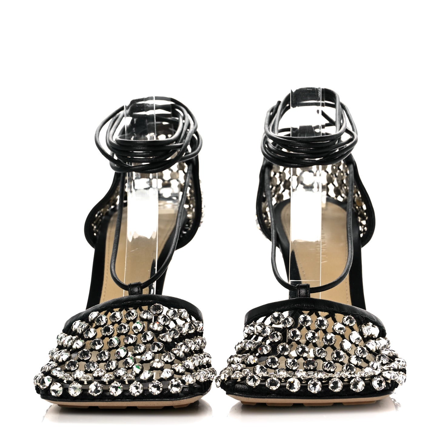 Mesh Nappa Crystal Embellished Sparkle Stretch Ankle Tie Sandals 36 Black
