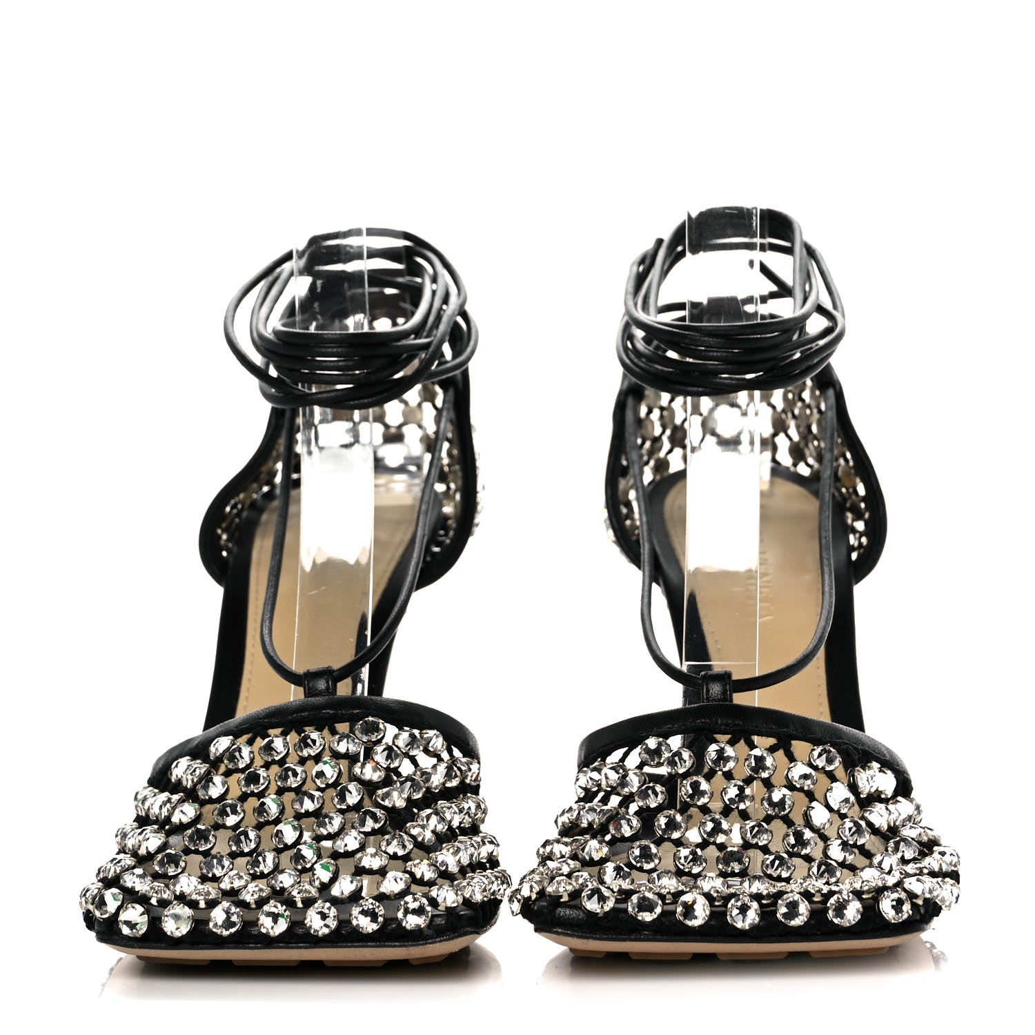 Bottega Veneta Mesh Nappa Crystal Embellished Sparkle Stretch Ankle Tie Sandals 36 Black 2 of 9