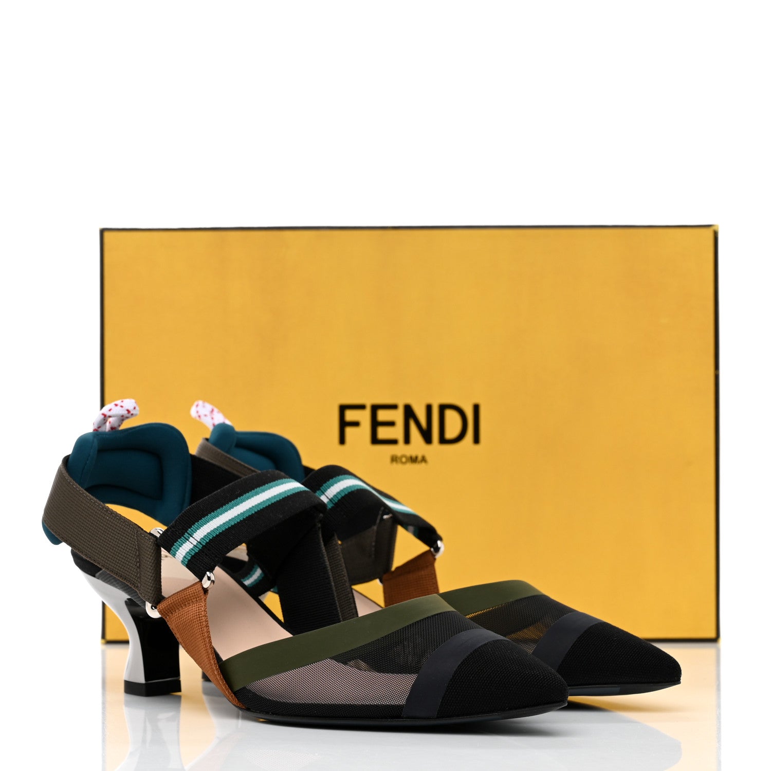 Fendi Technical Mesh Colibri 55mm Slingback Pumps 37.5 Black Verde Military 9 of 9