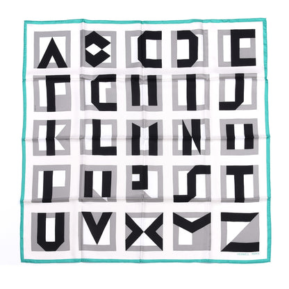 Hermes Silk Lettres Au Carre Scarf 90 Gris Noir Menthol 1 of 4