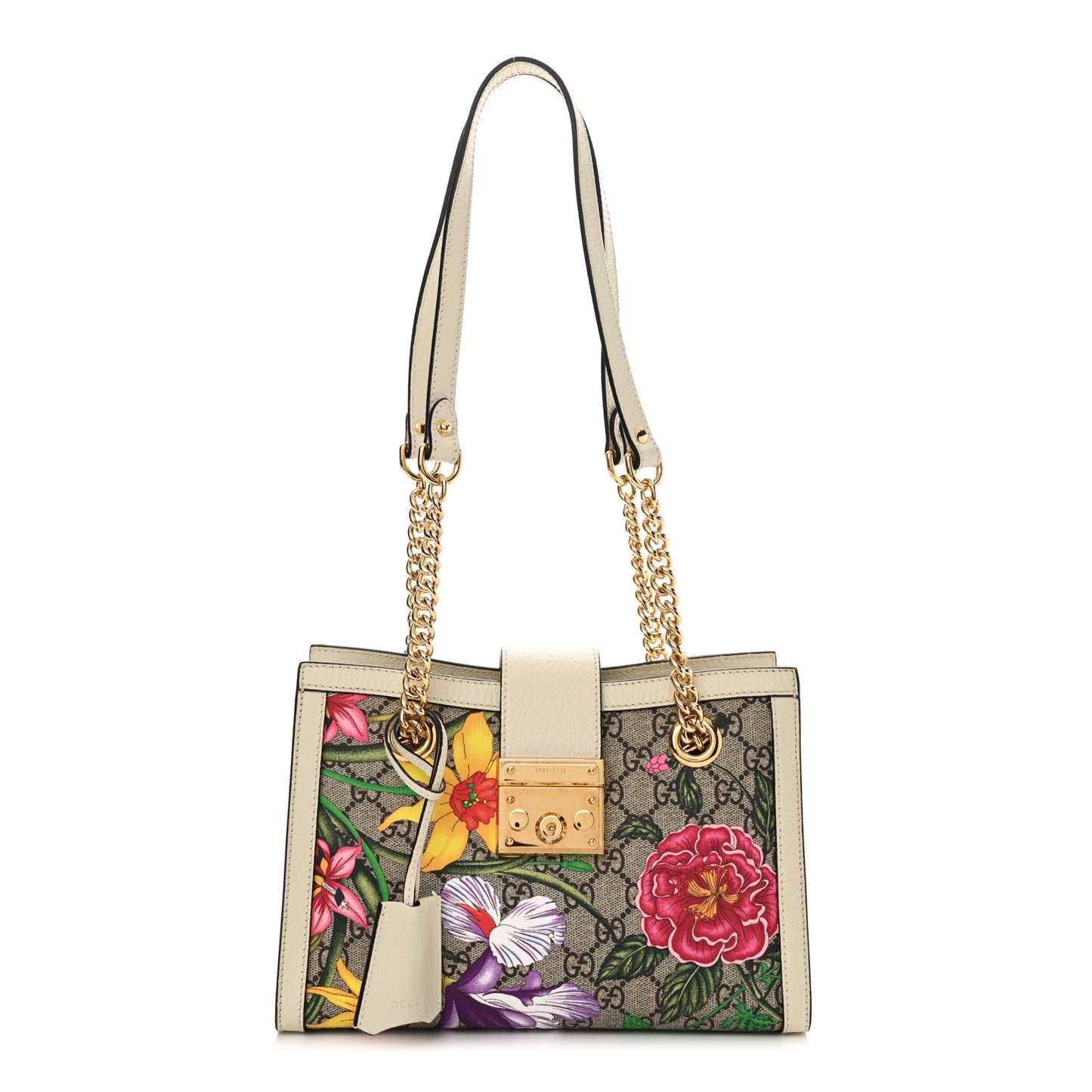 GG Supreme Monogram Flora Textured Calfskin Small Padlock Tote Beige Ebony Multicolor Mystic White