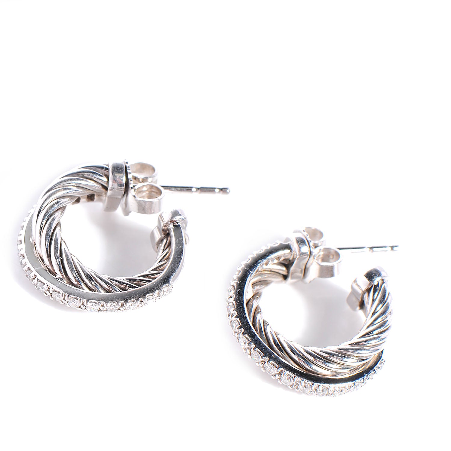David Yurman Sterling Silver and Diamonds Crossover Cable Hoop Earrings 1 of 6