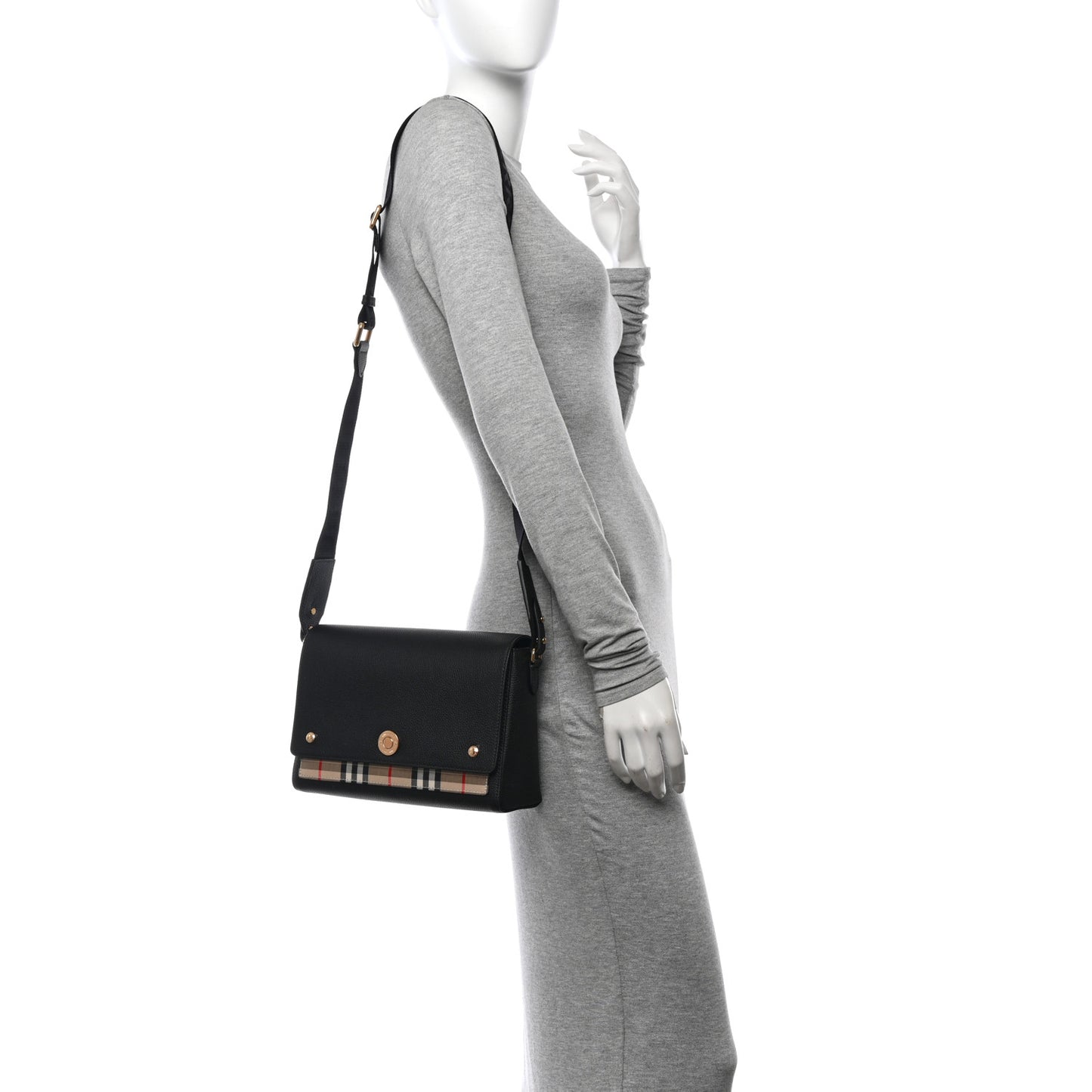 Coated Canvas Calfskin Vintage Check Medium Note Crossbody Bag Black