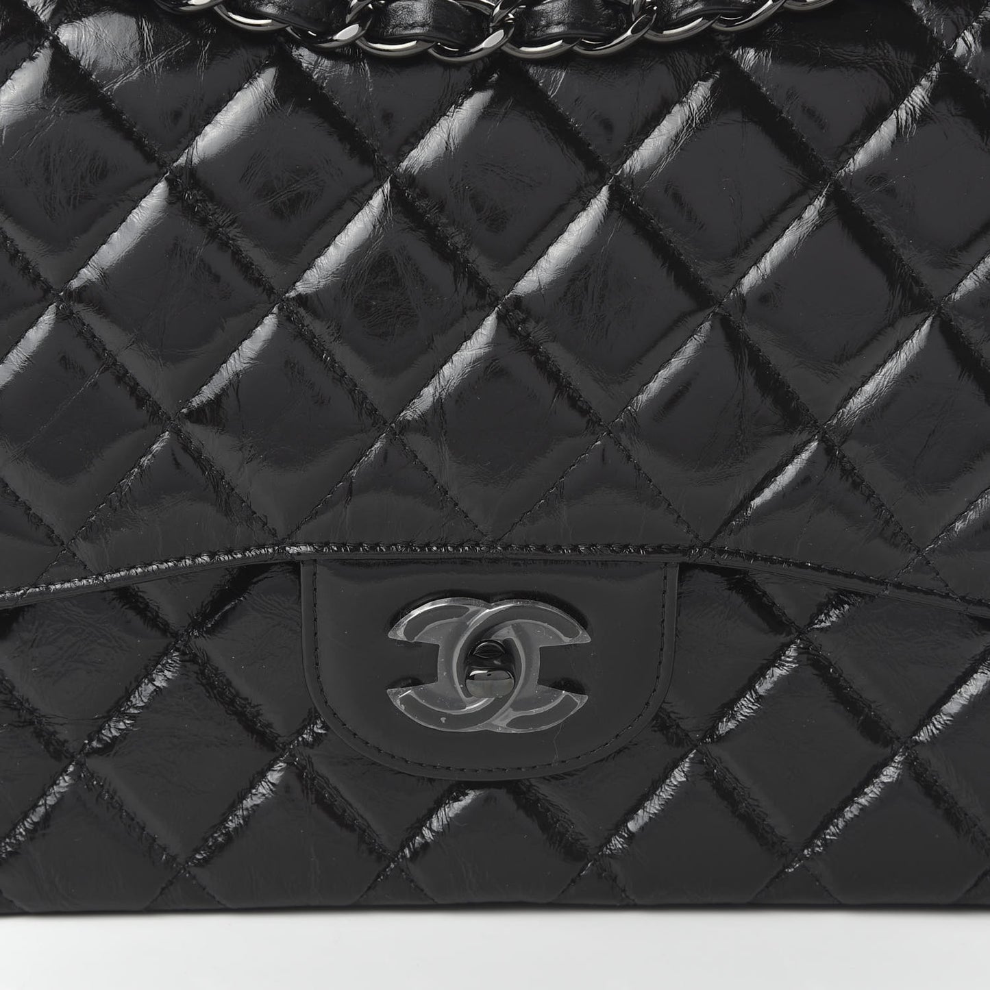 Shiny Distressed Calfskin Quilted Jumbo Double Flap So Black